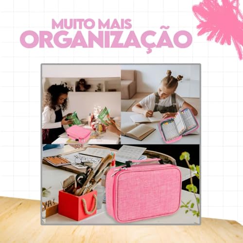 Estojo Escolar Box Organizador 72 Divisórias Grande com Alça Porta Canetas e Lápis Case Escolar Multifuncional Removível Premium (Rosa)