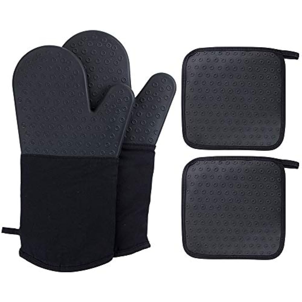 2 Silicone Oven Mitts Gloves, 2 Pot Holders Set for Finger Hand Wrist