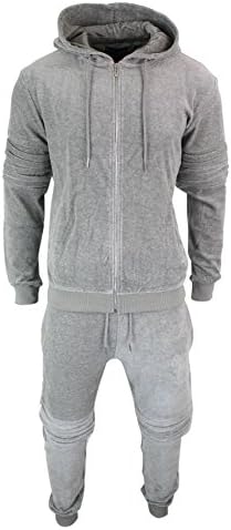 King Kouture Mens Full Velour Tracksuit Grey Black Zip Hoody Bottoms Tailored Fit Joggers Top