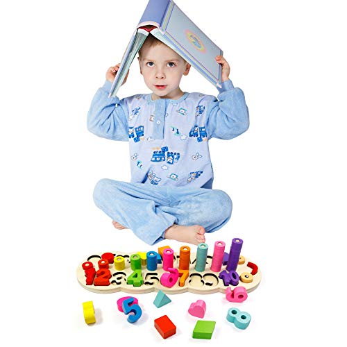 GEDIAO Wooden Math Blocks Puzzles Montessori Toys for Toddlers Sorting and Stacking Learning Toys for Kids Number Counting