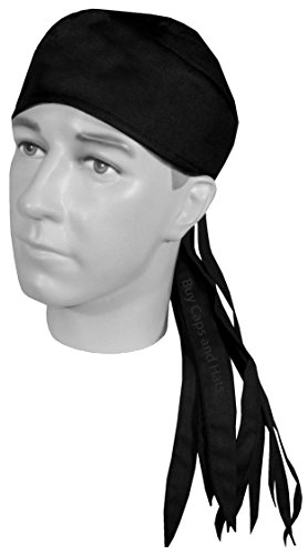 Doo Rag Skull Cap Bandana Headwrap Do Du Rag LONG TAILS Made in the USA (Solid Black with SWEATBAND)
