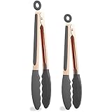 COOK with COLOR Stainless Steel Silicone Tipped Kitchen Food BBQ and Cooking Tongs Set of Two 9â€ and 12â€ for Non Stick Cookware, BPA Fee, Stylish, Sturdy, Locking, Grill Tongs, Rose Gold (Charcoal)
