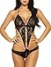 ADOME Women Lingerie Deep V Halter Lace Babydoll Mini Bodysuit, Style1-black, Large