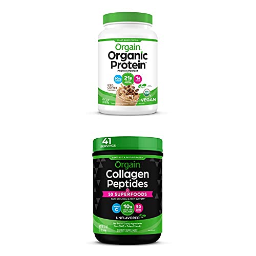 Orgain Organic Plant Based Protein Powder, Iced Coffee, 2.03 Lb + Organic Collagen + 50