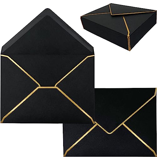 50 Pack 5x7 Envelopes for Invitations with Gold Border, Self Adhesive A7 Envelopes with V-Flap for Greeting Cards, Invitation Envelopes for Wedding, Graduation, Baby Shower, Party (Black)