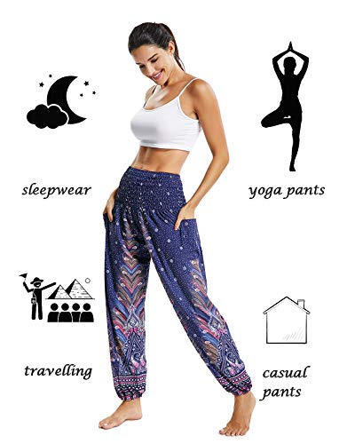 [- RIOJOY Thai Boho Harem Pants for Women, Smocked Waist Hippie Bohemian Trousers for Yoga and Pila