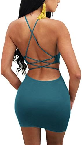 MISFONDLE Women's Sexy Bodycon Backless Spaghetti Lace up Mini Club Dress Blue Green