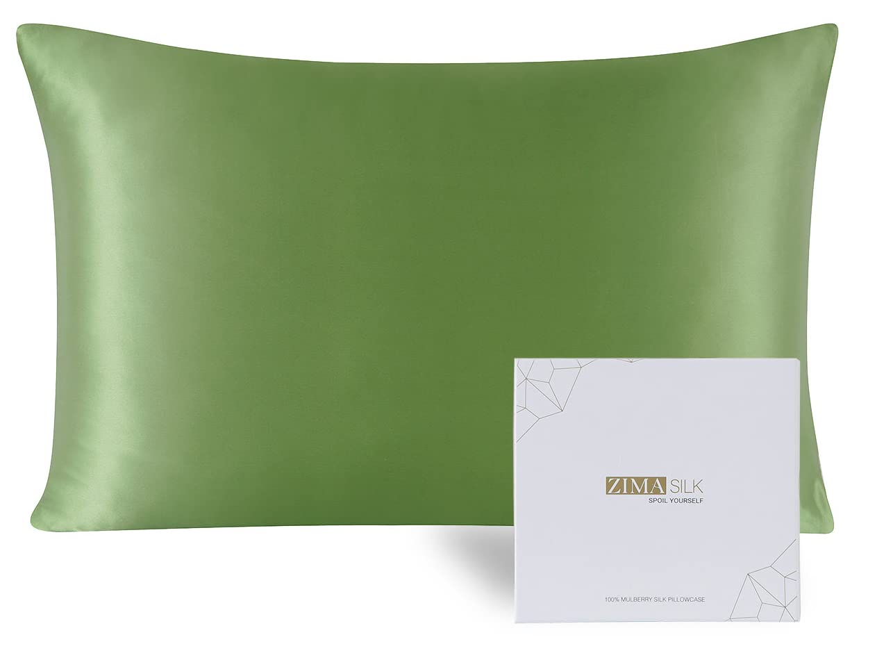 ZIMASILK 100% Mulberry Silk Pillowcase Upgraded Version for Hair and Skin Health, Better Grade 6A Silk, with YKK Zipper, Ultra-Soft & Durable, Luxury Gift Box 1Pc (Standard 50x75cm, Grass Green)