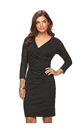 Chaps Womens Chevron Knit Faux Wrap Dress, Black, Size 12