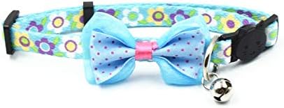 Olahibi Nice Flower Printing Safety Release Bowtie Cat Collar Breakaway Buckle with Bell (S, Blue Flower)