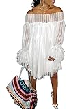 Ninimour Women Off Shoulder Lace Flared Sleeve Casual Dress Write L