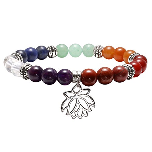 QGEM 7 Chakras Balancing Gems Flower Lotus Charm Pendant Stretch Bracelet Yoga Meditation Healing Crystal 8mm Beads Jewellry