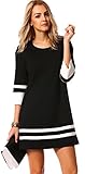 Halife Women's Elegant 3/4 Sleeve Crewneck Contrast Color Straight Shift Dress (L, Black)