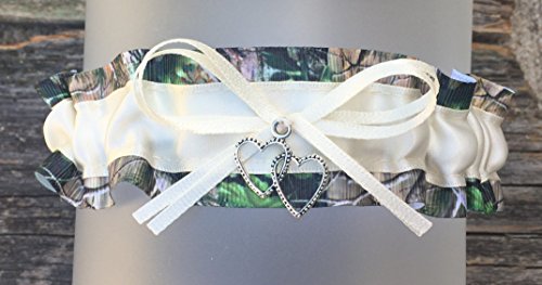 Sexy Camouflage Ivory Satin Wedding Keepsake Camo Bridal Garter - Double Heart Charm