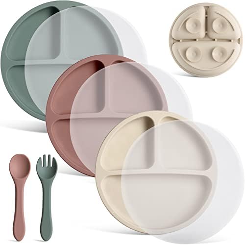 VITEVER 3 Pack Suction Plates with Lids and Utensils for Babies