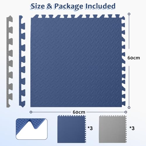 Cestbella Interlocking EVA Foam Mat, 60x60cm Protective Floor Tile 6 Packs Soft Puzzle Exercise Pad with Border Jigsaw EVA Foam Padding, 1cm Baby Play Crawling Mat for Home Gym Yoga Workout Grey Blue