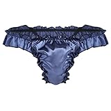 YiZYiF Men's Silky Shiny Satin Flutter Ruffled Sissy Thongs Crossdress Underwear Navy Blue Medium(Waist:27.5-52.0