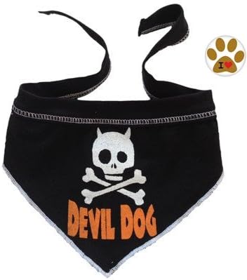 Devil Dog Skull Bandana Scarf with Pin for Dogs in color Black-Sizes Small thru Large (Small fits Neck 8”-14”, Black/Orange)