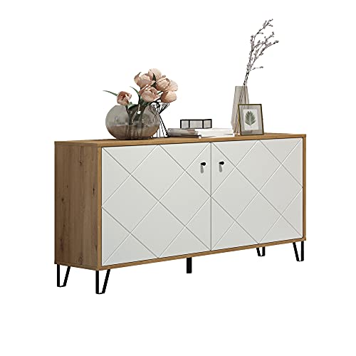trendteam smart living - Touch - Aparador - Artisan Roble/Blanco - Cómoda con 2 Puertas y 4 Compartimentos - 123 x 76 x 40 cm - Armario de salón con Patas metálicas Modernas - Resistente a los