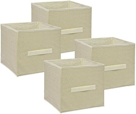 Small Collapsible Storage Cube - 4 Pack Set Collapsible Storage Trunks &amp; Containers - Fabric Pull Handle Baskets For Organizing Books, Toys, Clothing - Bright Fashionable Colors (Tan (slim))