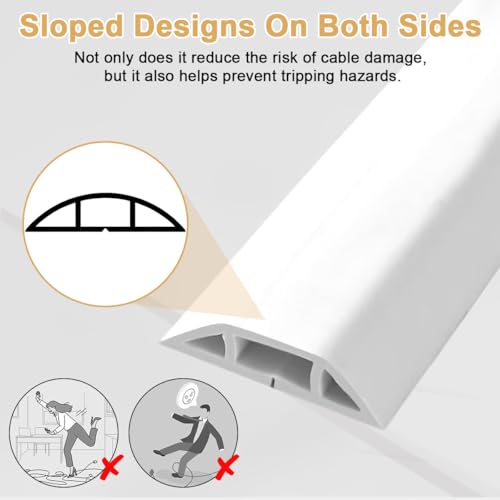 Floor Cord Cover 5m/16.4ft, Self-Adhesive Wire Cover Raceway PVC Cable Concealer with Prevent Tripping, Flexible On-Wall Cable Hider, White Cable Protector Channels Wire Management for TV Home Office