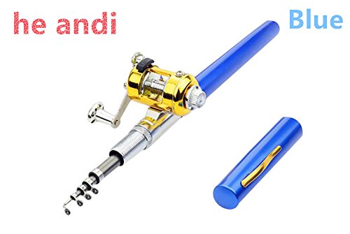 he andi Mini Telescopic Portable Pocket Fish Pen Aluminum Alloy Fishing Rod Pole + Reel (Blue)