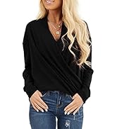 ROSKIKI Women's Casual Cross V Collar Solid Color Long Sleeve Breathable Pullover Knit Tops