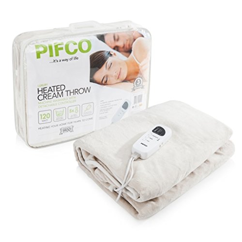 PIFCO Luxury Heated Cream Fleece Throw/Over Blanket with 5 Heat Settings and 8 Hour Timer