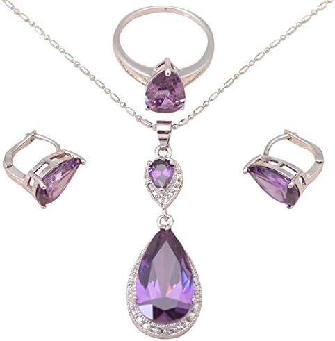 Aaa Zircon Amethyst Purple Crystal Waterdrop Silver Earring Necklace Jewelry Set Ring Sz 6.75 7.75 Js410A