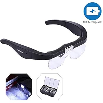 YOCTOSUN Rechargeable Head Magnifier Glasses, Eyeglasses Magnifier with 2 LED Lights and Detachable Lenses 1.5X, 2.5X, 3.5X,5X, Best Magnifying Glasses for Reading and Hobby