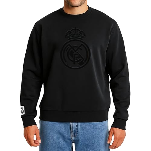 Icon Sports Officially Licensed Real Madrid Cotton Terry Crewneck Pullover Sweater – Monochromatic Black Soccer Apparel, Small at Amazon