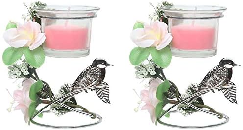 Sacred Salts Votive Candle Holder | Bird Floral Design | Decorative Gift Box Packaging - Pink Candle Stand - Set of 2