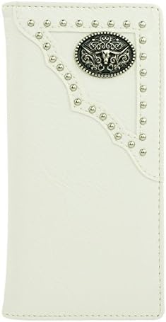 RIDE AWAY Longhorn Head Oval Badge Mens Wallet Western Long Bifold Check Book Style (White)