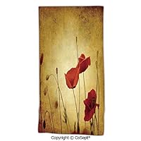 PUTIEN No Fading Multipurpose Use Bath Towel,Poppies and Flower Buds on Ambient Dark Grunge Background with Retro Effects Bohemian,Natural Ultra AbsorbentCream Red