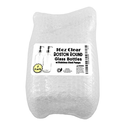 16oz Clear Glass Boston Round Bottles with Stainless Steel Pumps (2 pack), Great for Essential Oils, Lotions, Liquid Soaps