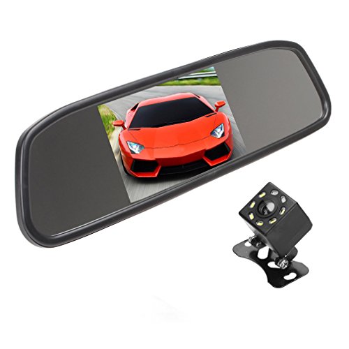 KASIONVI Backup Camera and Monitor Kit,4.3 inch Car Vehicle Rearview Mirror Monitor for DVD/VCR/Car Reverse Camera + CMOS Rear-view Backup Parking Camera With 8 LED Night Vision