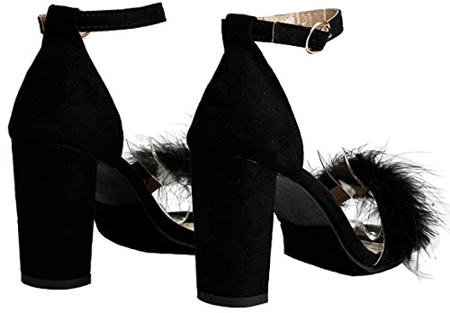 Women's Black Fluffy Feather Strappy Open Toe Mary Jane Faux Suede Pom Pom Block Heel Dress Sandal-5 - Thumbnail 3