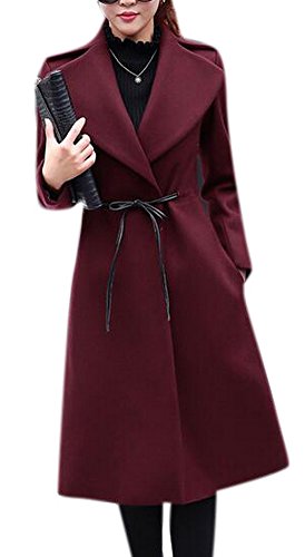 Lingswallow Women's Winter Wool Thicken Lapel Belt Long Trench Coat Jacket Red2 Lingswallow Women's Winter Wool Thicken Lapel Belt Long Trench Coat Jacket Red2