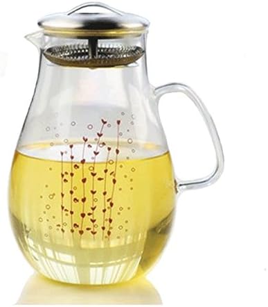 Gobize 64 Oz Large Waterplant Pattern Heat Resistant Borosilicate Water Pitcher with Stainless Steel Lid, Hot or Cold Water Jug glass carafe with Lid Stove-top Safe