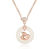 AMINKINA 14K Gold Jade Rabbit Necklace, Moissanite Rabbit Pendant Necklace, Birthday, Mother's Day Gift for Mother, Wife, Girlfriend