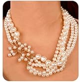 Wiwpar 1920s MultiLayer Pearl Necklace with Brooch & Earrings Set - Vintage Bridal Jewelry for Women & Girls