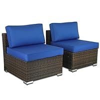 Patio Furniture PE Brown Rattan Sofa Set 2pcs Middle Sofa Garden Wicker Sectional Sofas Conversation Sets-Easy Assembled Royal Blue Cushion