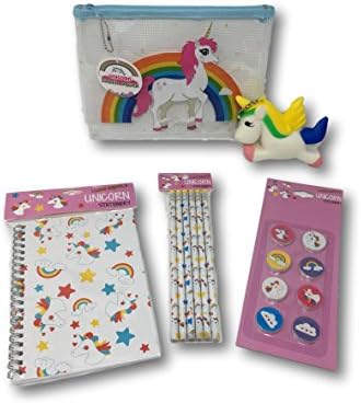 Girls Unicorn/Rainbow Beauty Bag with Squishy Unicorn Head Bag Clip &amp; Unicorn Stationary Set (Blue Unicorn Rainbow Beauty Pencil Bag, Squishy - Unicorn Pencils, Erasers &amp; Notepad)