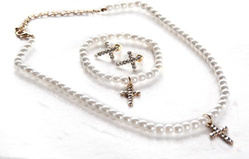 STStory USA Acrylic Pearl Jewelry Set [Necklace, Bracelet, Earrings][Cross/Gold] for Girls