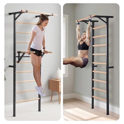 Morohope Solid Beechwood Stall Bar, 90" Swedish Ladder Wall Gym with Pull-up Bar & Dip Station, 220lbs Capacity Wall Mounted Gymnastics Ladder for Adult Home Gym, Stretching & Bodyweight Training