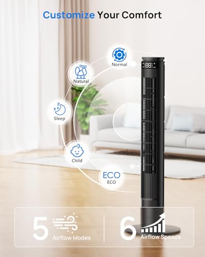 Tower Fan 92 cm with Adjustable LED Screen (Total Off) and Remote Control with Mute Button, Silent Column Fans 28dB, 6 Speeds+5 Modes, Oscillation 70°, 8 m/s, Timer 12h