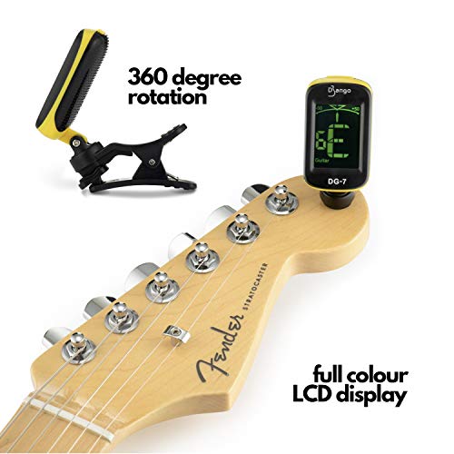 Django Guitar Tuner by Pick Geek | for Acoustic, Bass, Electric, Ukulele, Violin, Classical Guitars | Fast and Accurate | Includes Chromatic Tuning | Clip-on and Easy To Use | Battery Included