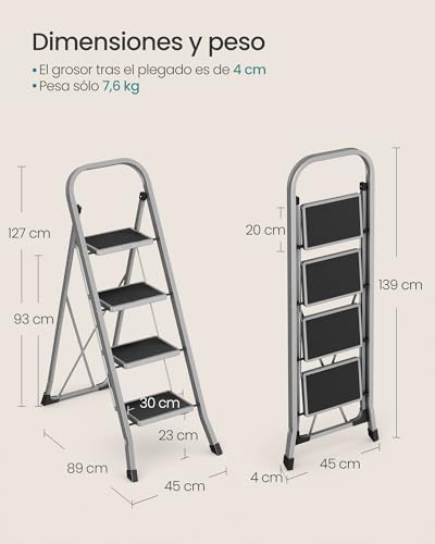 Escada de degraus, escada com 4 degraus, degrau dobrável, fechadura de segurança, fácil de arrumar, carga até 150 kg, Dove Gray GSL004G01