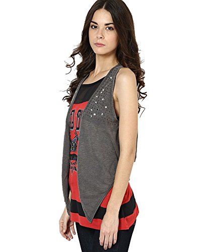 espresso women's sleeveless washed effect open shrug cardigan with studs - brown