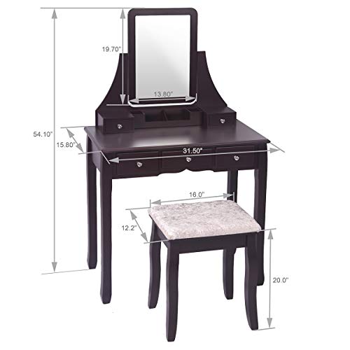 Amooly Vanity Set with Mirror,5 Sliding Drawers, Removable Makeup Organizer,Cushioned Stool Dressing Table Vanity Makeup Table - Thumbnail 2